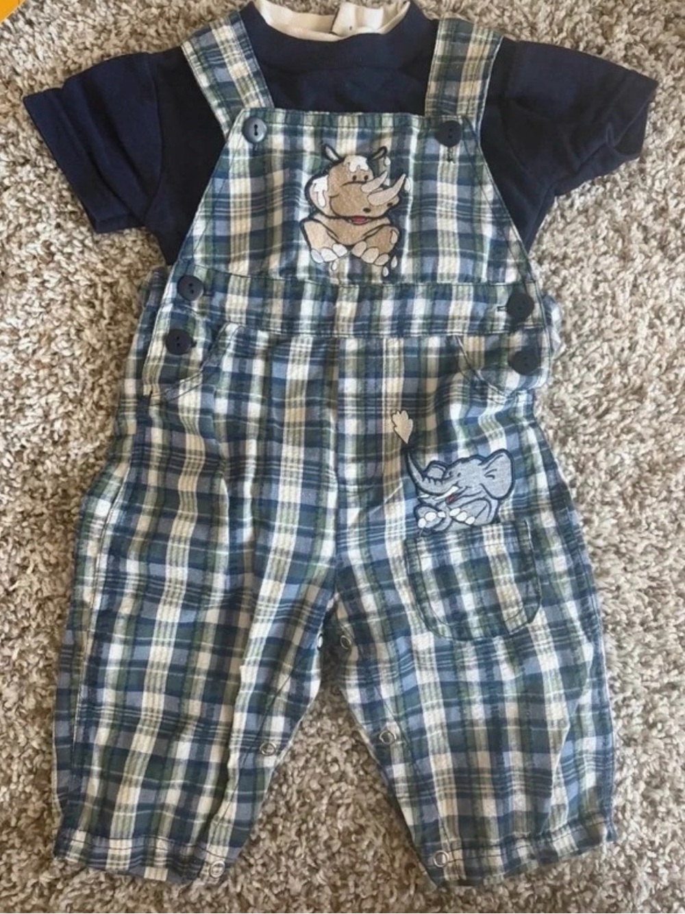 Vintage Blue Plaid Baby Overalls with Navy Tee - Elephant & Rhino Embroidery